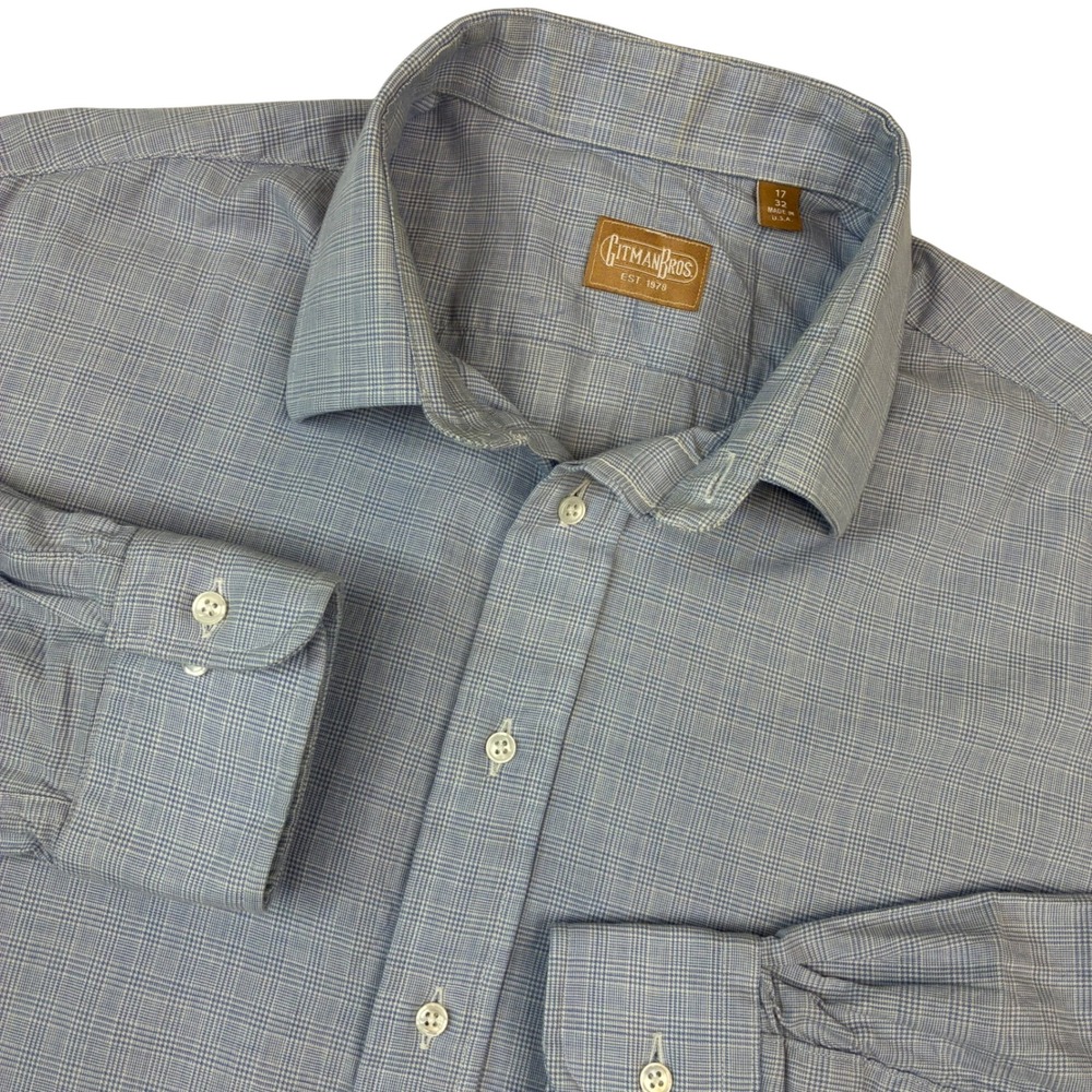 Gitman Bros Shirt Men 17 32 Blue Glen Plaid Cotton Linen Made in USA Long Sleeve